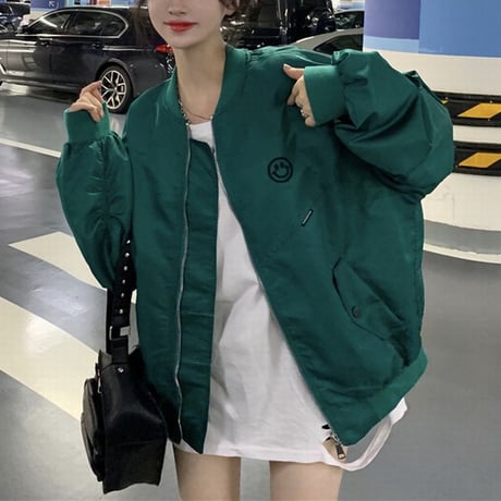スタジャン スマイル ブルゾン ゆったり アウター 韓国ファッション レディース MA-1 ニコちゃん カジュアル ストリートファッション シンプル DTC-653848718257