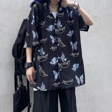 ユニセックス バタフライ柄 シャツ 柄シャツ 蝶々 半袖 オーバーサイズ 韓国ファッション メンズ レディース 大きめ カジュアル ストリート ファッション DTC-617906441343