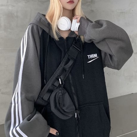 【3カラー】 ユニセックス パーカー ジップアップ バイカラー 裏起毛 ルーズ ライン入り 韓国ファッション メンズ レディース カジュアル ストリート系 DTC-627099735837