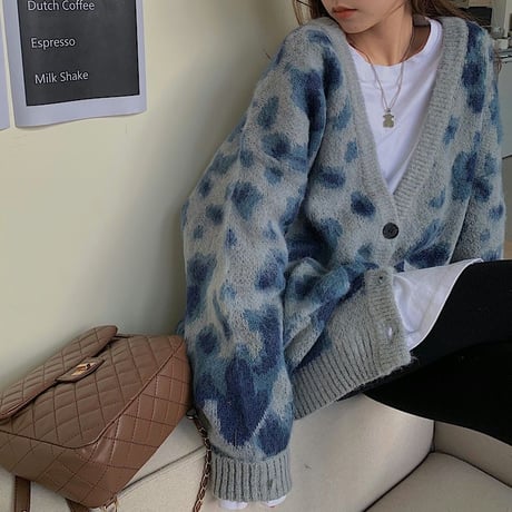 ニットカーディガン ヒョウ柄 アウター 防寒 Vネック 長袖 ウール 暖かい レトロ 韓国ファッション レディース 大人可愛い ガーリー DTC-653344282407