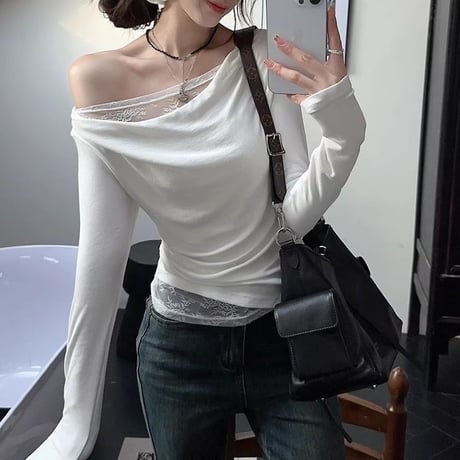 レース付き Tシャツ ワンショルダー スリムフィット ロンT トップス カットソー 長袖 レトロ 大人可愛い ガーリー DTCA-849082361382