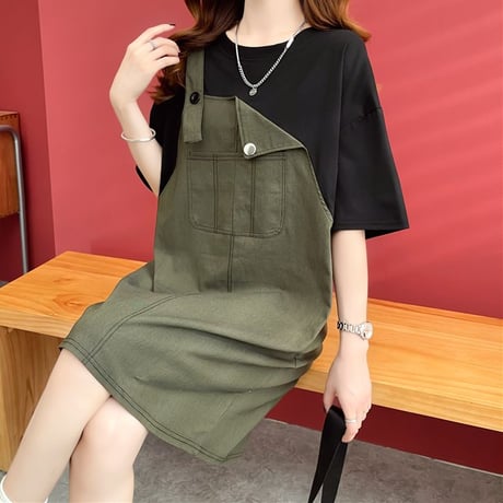 フェイクレイヤード ワンピース Tシャツ ドッキングワンピース ミニ丈 バイカラー ルーズ 半袖 レトロ 大人可愛い ガーリー 韓国ファッション レディース DTC-678993747695