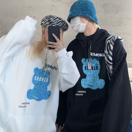 ユニセックス パーカー プルオーバー クマプリント 裏起毛 長袖 オーバーサイズ カジュアル 韓国ファッション メンズ レディース 韓国ストリートファッション DTC-683951657851