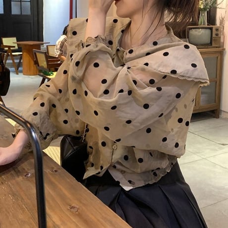 ドット柄 ブラウス シャツ 大きい襟 ランタンスリーブ ルーズ ショート丈 透け感 長袖 レトロ 韓国ファッション レディース 大人可愛い ガーリー フェミニン DTC-679081345595