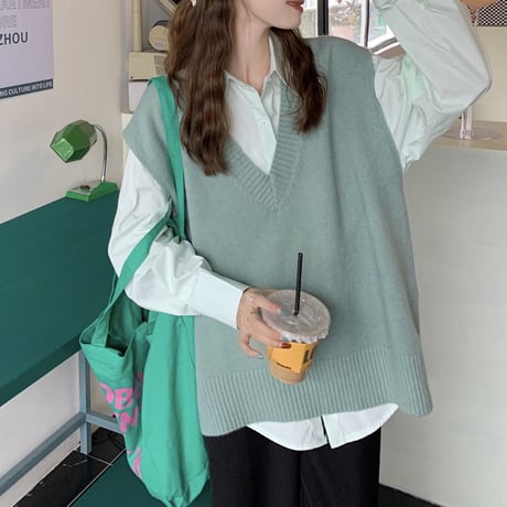2点セット シャツ ニットベスト Vネック レイヤード ゆったり トップス レトロ 韓国ファッション レディース 大人可愛い ガーリー カジュアル DTC-652316612772