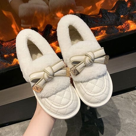 ファーシューズ リボン 22.5～25.0cm ローファー フラット フェイクファー もこもこ 歩きやすい おしゃれ 疲れない ガーリー DTC-661269724427