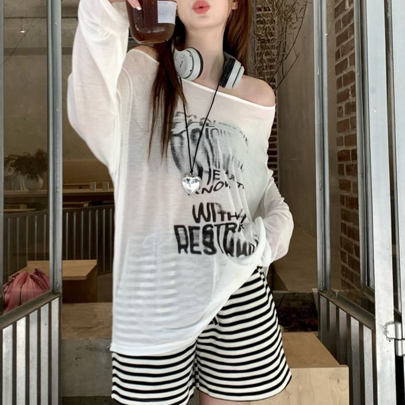 シアー Tシャツ 薄手 オフショルダー ルーズ 長袖 レトロ 韓国  