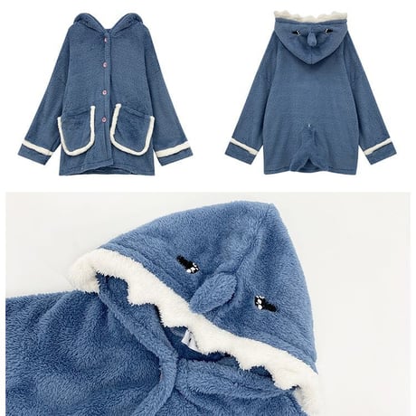 【ルームウェア】 フリース パジャマ セットアップ トップス + パンツ シャーク サメ 長袖 ブルー パープル 上下セット 韓国ファッション レディース ガーリー DTC-628699765024