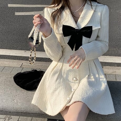 リボン ワンピース 襟付き ハイウエスト ショート丈 レトロ 韓国ファッション レディース 大人可愛い ガーリー フェミニン DTC-667685671429
