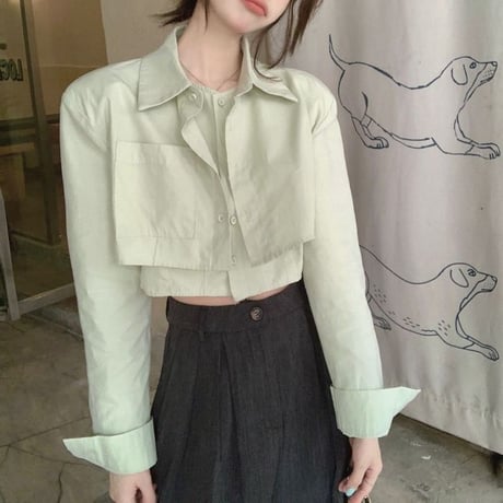 クロップド丈 シャツ フェイクツーピース シャツジャケット ルーズ 長袖 レトロ 韓国ファッション レディース 大人可愛い ガーリー DTC-711928218919