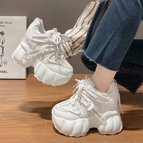 厚底 ダッドスニーカー 22.0～24.5cm シューレース メッシュ スニーカー 厚底スニーカー ホワイト ブラック カジュアル 韓国ファッション レディース DTC-680356145734