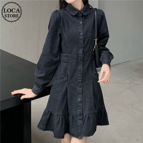 デニム ワンピース フリル 薄手 長袖 レトロ 韓国ファッション レディース カジュアル 大人可愛い ガーリーDTCA-982411488502