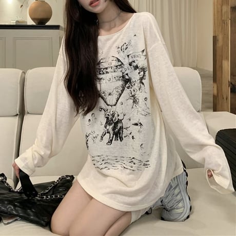 tシャツ 長袖 オーバーサイズ ドロップショルダー ロンt クルーネック トップス ルーズ レトロ 韓国ファッション レディース 大人可愛い ガーリー DTC-735331608484