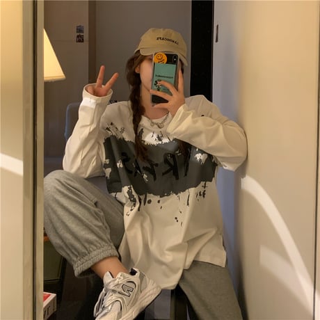 長袖 Tシャツ 前後で丈違い 両側スリット韓国ファッション レディース ロングTシャツ ロンt トップス ゆったり カットソー 大人可愛い ガーリー DTC-626527399174