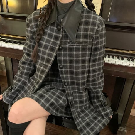 セットアップ チェック柄 フェイクウール ショートコート プリーツスカート レザーカラー 長袖 秋冬 レトロ  韓国ファッション レディース大人可愛い ガーリー DTC-746074971352