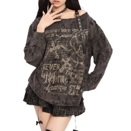 ワンショルダー ダメージ加工 トップス ストラップ tシャツ グラフィックプリント オーバーサイズ ロンt 長袖 韓国ファッション レディース 大人可愛い ガーリー DTCA-822110064294