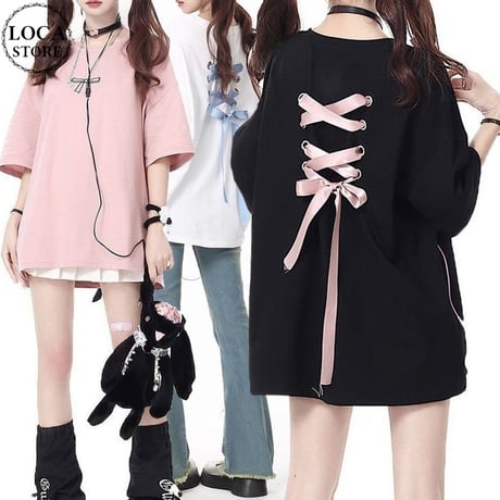 バックリボン Tシャツ オーバーサイズ 半袖 サブカル系 地雷系 レトロ 韓国ファッション レディース 大人可愛い ガーリー DTC-733249930222