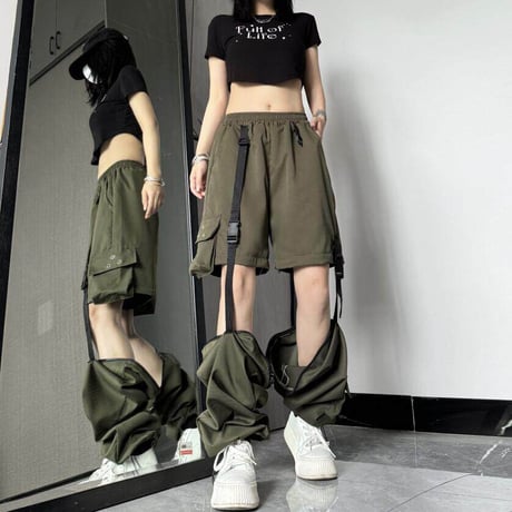 2WAY カーゴパンツ ワイドパンツ バックルベルト ストラップ ミリタリーパンツ アシンメトリー ウエストゴム 韓国ファッション レディース カジュアル DTC-656242658198_2