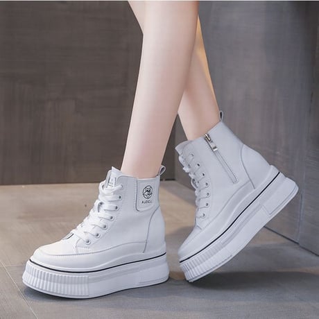 厚底 ハイカットスニーカー 22.0～25.0cm インソール サイドジッパー ファスナー ショートブーツ シューレース カジュアル 韓国ファッション レディース DTC-682592669522