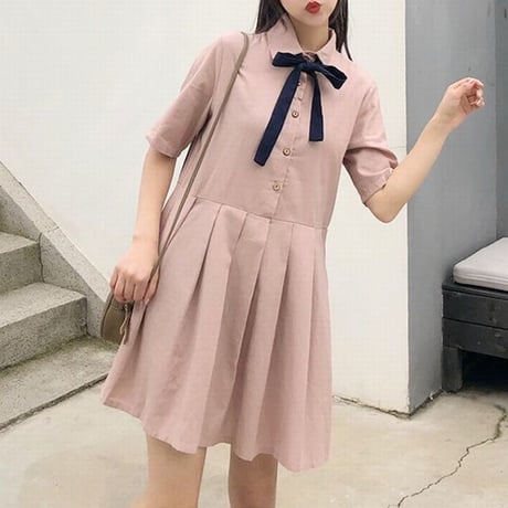 レディース ワンピース プリーツスカート 薄手 ボウタイ リボン ゆったり ガーリー 韓国ファッション (DCT-591685926711)