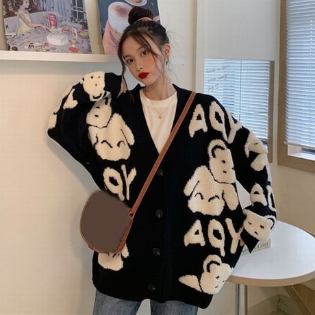 ニットカーディガン クマちゃん ベアー アウター 厚手 防寒 Vネック 長袖 暖かい レトロ 韓国ファッション レディース 大人可愛い ガーリー カジュアル DTC-657802205124