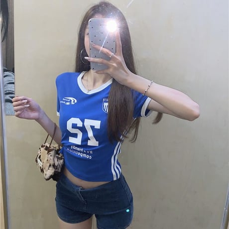 Tシャツ ユニフォーム風 サイドライン Vネック ショート丈 バイカラー トップス 半袖 レトロ 韓国ファッション レディース 大人可愛い ガーリー スポーツミックス DTC-802799667904