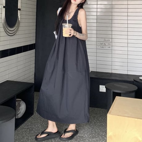 ノースリーブ ワンピース ギャザー ゆったりウエスト ロングワンピース Aライン 体型カバー ルーズ レトロ 大人可愛い ガーリー 韓国ファッション レディース DTC-809589554371