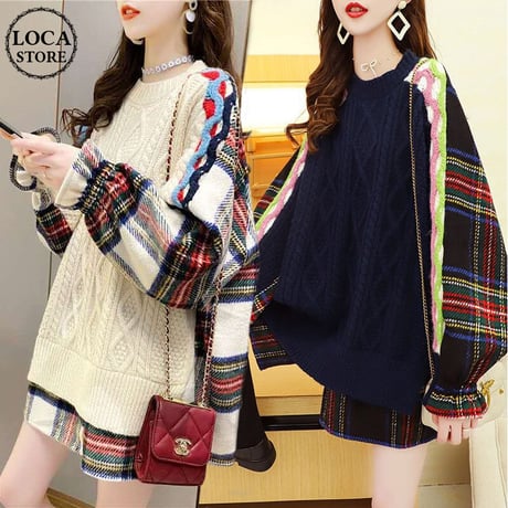 ドッキングトップス フェイクレイヤード ケーブル編み ニット ＋ チェック ネルシャツ 韓国ファッション レディース ラウンドネック 保温 大人カジュアル ガーリー DTC-628217939644