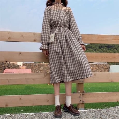 チェック柄 ワンピース ミモレ丈 長袖 韓国ファッション レディース 切り替え レトロ ハイウエスト トランペットスリーブ ベルスリーブ DTC-607226255510