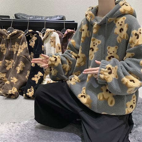 ユニセックス プルオーバー ボアフリースパーカー メンズ レディース 英字 クマちゃん ベアー プリント オーバーサイズ ルーズ ストリート系 ファッション TBN-629554274748