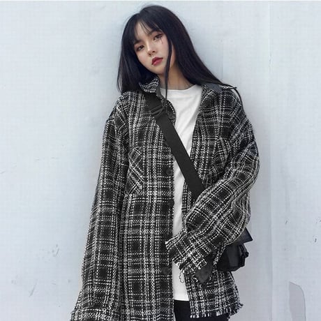 ユニセックス チェック柄 シャツ 切りっぱなしデザイン オーバーサイズ ルーズ 長袖 韓国ファッション メンズ レディース 韓国ストリートファッション TBN-582527333818