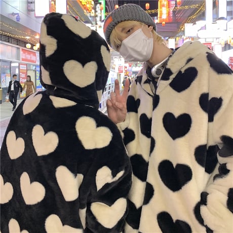 ユニセックス ハート柄 ボアジャケット ボアパーカー ファー ラムウール 韓国ファッション メンズ レディース 男女兼用 ゆったり アウター 大人可愛い DTC-634631995226