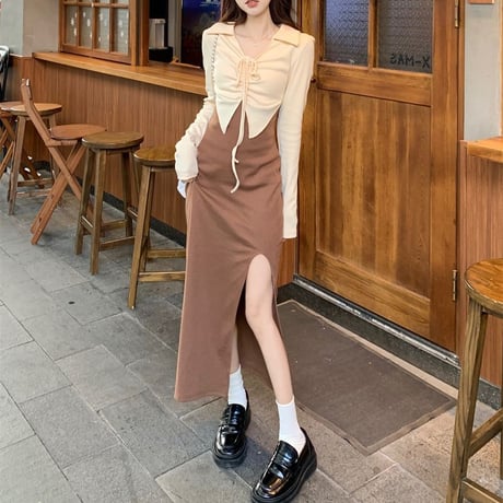 フェイクレイヤード ワンピース ドッキングワンピース 襟付き ハイウエスト スリット ロング丈 Aライン レトロ 韓国ファッション レディース 大人可愛い ガーリー DTC-703963287461