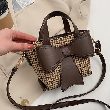 2WAY ハンドバッグ ショルダーバッグ ミニバッグ 千鳥格子 リボン チェック柄 バッグ 鞄 レトロ ホワイト ブラック ブラウン DTC-631010281178