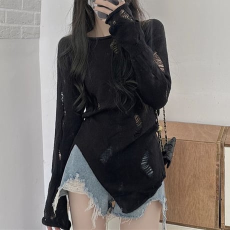 ダメージニット ニット トップス スリムフィット 不規則デザイン ダメージ加工 長袖 レトロ 韓国ファッション レディース 大人可愛い ガーリー DTC-765392806900