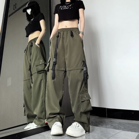 2WAY カーゴパンツ ワイドパンツ バックルベルト ストラップ ミリタリーパンツ アシンメトリー ウエストゴム 韓国ファッション レディース カジュアル DTC-656242658198_2