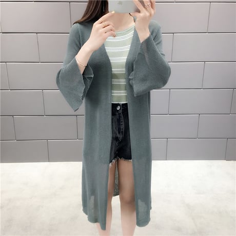 レディース フレア袖カーディガン ロング丈 七分袖 薄手 マキシ丈 シフォン UVカット ドルマンスリーブ 韓国ファッション (DCT-589248344715)