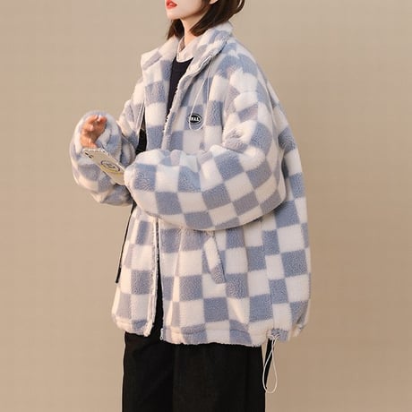 ボアジャケット ボアブルゾン ブロックチェック柄 ハイネック アウター 暖かい 防寒 もこもこ ゆったり ジップアップ レトロ カジュアル ストリートファッション DTC-658864986834