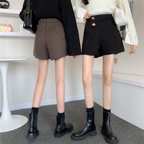 ショートパンツ ハイウエスト ボタン 韓国ファッション レディース ワイドレッグパンツ カジュアル 大人可愛い ガーリー DTC-631987259023