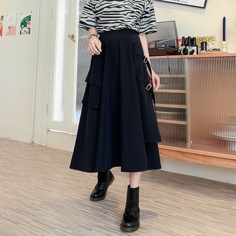 不規則デザイン スカート スプリットスカート アシンメトリー 韓国ファッション レディース ロングスカート アシメ Aライン バックル ハイウエスト ガーリー DTC-623466402690