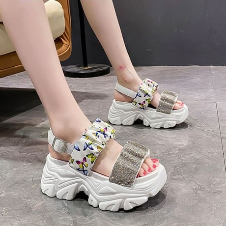スポーツサンダル 22.0～24.5cm 厚底 スポサン ラインストーン バタフライ柄 厚底サンダル サンダル カジュアル 韓国ファッション レディース DTC-675536022627