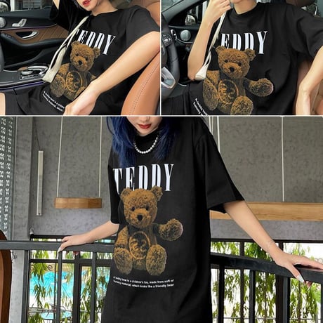 ユニセックス Tシャツ 半袖 クマちゃん ベアー プリント オーバーサイズ 大きめ クルーネック 韓国ファッション メンズ レディース カジュアル ストリート系 DTC-665556153023