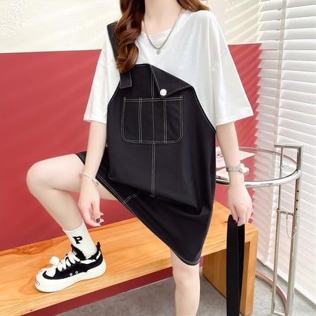 フェイクレイヤード ワンピース Tシャツ ドッキングワンピース ミニ丈 バイカラー ルーズ 半袖 レトロ 大人可愛い ガーリー 韓国ファッション レディース DTC-678993747695