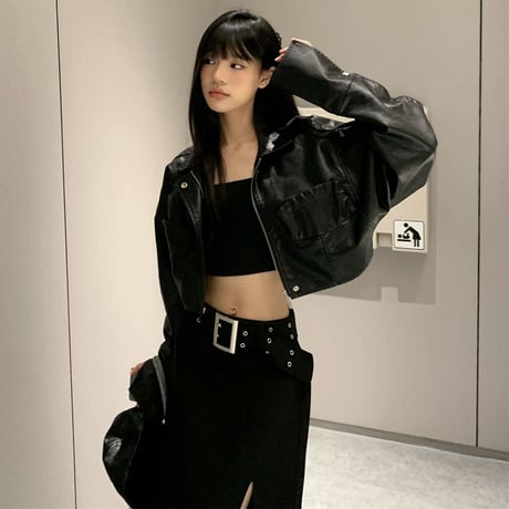 セットアップ 上下セット レザージャケット スリットスカート アウター ロングスカート 長袖 レトロ 韓国ファッション レディース 大人可愛い ガーリー DTC-825934874674