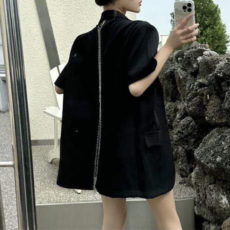 バックカット ジャケット チェーン オーバーサイズ 半袖 テーラードジャケット バックレス ライトアウター 韓国ファッション レディース 大人可愛い ガーリー DTC-712466728053