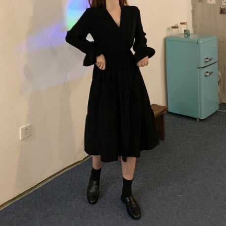 ティアードワンピース Vネック ロング丈 ハイウエスト 長袖 韓国ファッション レディース ミニワンピース 大人可愛い ガーリー フェミニン DTC-652647299876