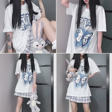 【2カラー】 ユニセックス Tシャツ 半袖 バタフライプリント オーバーサイズ カジュアル 韓国ファッション メンズ レディース 韓国ストリートファッション DTC-622436654182