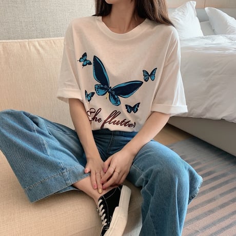Tシャツ 半袖 韓国ファッション レディース レディースファッション 蝶 バタフライ オーバーサイズ ゆったり 大きめ ストリート DTC-616679627248