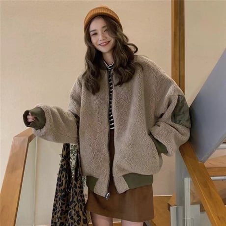 リバーシブル 2way ボアブルゾン MA-1 オーバーサイズ 韓国ファッション レディース アウター ブルゾン ドロップショルダー ストリート ボア 秋 冬 (DTC-600883761203)