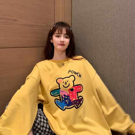 トレーナー 落書き風 クマちゃん プリント ルーズ スウェット 韓国ファッション レディース ラウンドネック 長袖 ガーリー (DTC-624906211705)